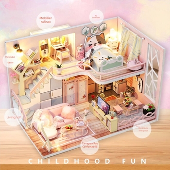 Kit DIY Casă de Păpuși din Lemn - Demontabilă și Asamblabilă, Pentru 7–14 Ani, Fabricat în China, Ambalaj Cutie Colorată