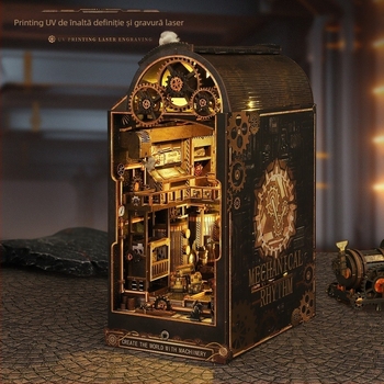 Model arhitectural din lemn, asamblat manual, în stil steampunk mecanic – posibilitate de personalizare DIY, cadou pentru peisaj.