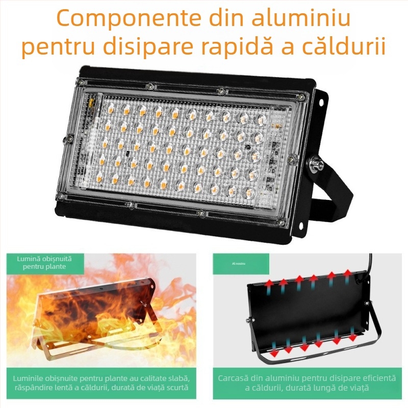 Lampă LED de creștere a plantelor cu spectru complet, 50 de LED-uri, pentru seră, 220V, IP65, Carcasă din aliaj de aluminiu, durată de viață 30000h