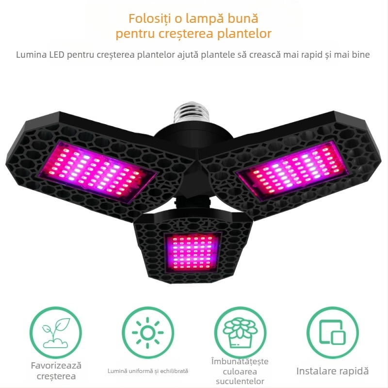 Lampa LED pentru creșterea plantelor, design pliabil, 144 LED-uri, 1600 lm, 85–265 V, durată de viață 10.000 h
