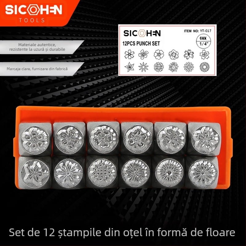 Set de 12 ștampile cu flori pentru imprimare pe piele și metal | corp și mâner din oțel de înaltă carbon, capete circulare, personalizabil