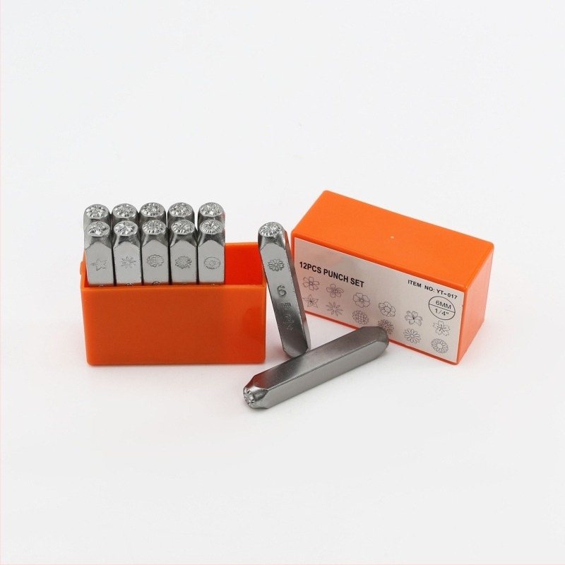 Set de 12 ștampile cu flori pentru imprimare pe piele și metal | corp și mâner din oțel de înaltă carbon, capete circulare, personalizabil