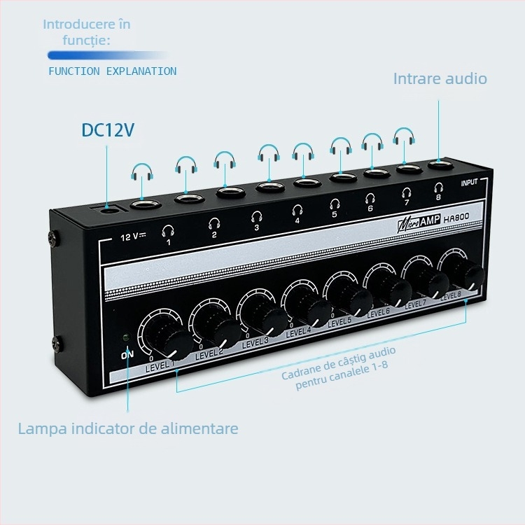 HA800 amplificator de monitorizare pentru căști, 8 canale, distribuitor de semnal, intrare 1 / ieșire 8