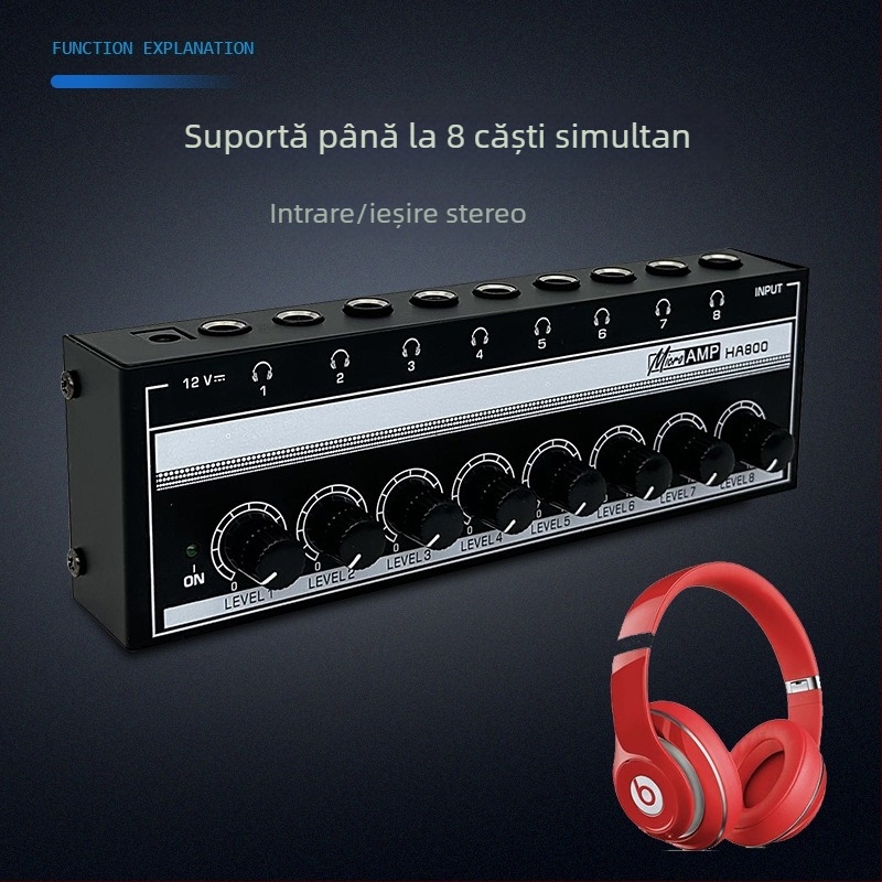 HA800 amplificator de monitorizare pentru căști, 8 canale, distribuitor de semnal, intrare 1 / ieșire 8