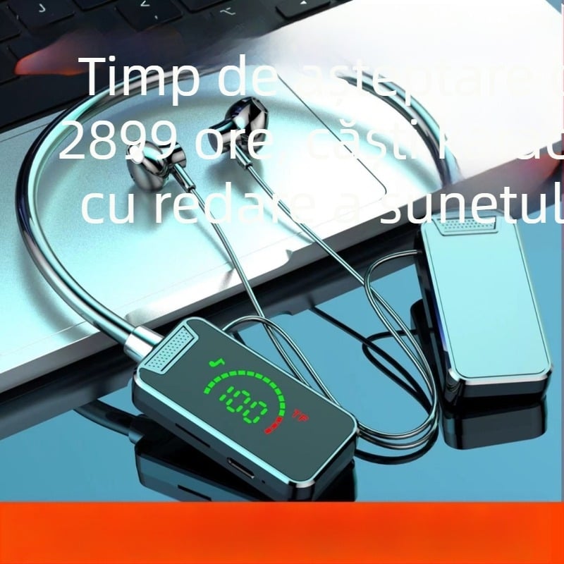 Căști Bluetooth cu bandă pentru gât, IPX7 rezistente la apă, Bluetooth 5.4, autonomie 4–8 h, rază de 10 m, stereo pentru apeluri și muzică
