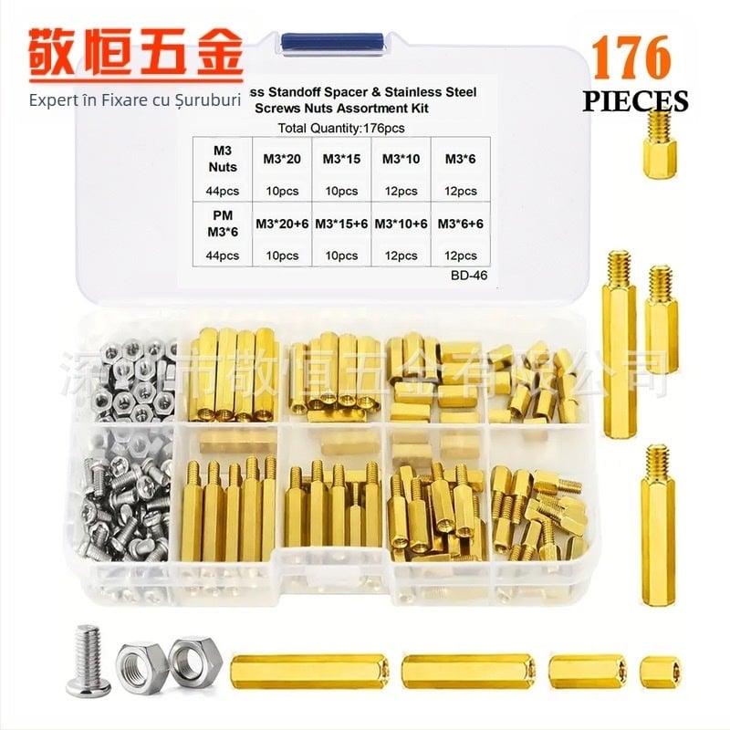 Set de 176 piese din alamă cu stâlpi izolatori și piulițe cu șuruburi, suprafață oxidată