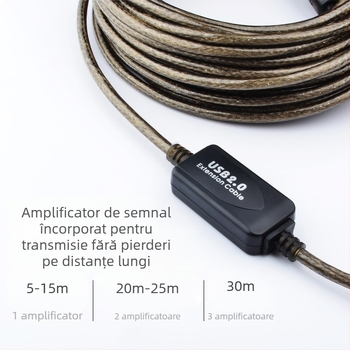 Cablu USB 2.0 de extensie cu amplificator de semnal, conectori A/F bărbat–femeie, cablu împletit, 10 m