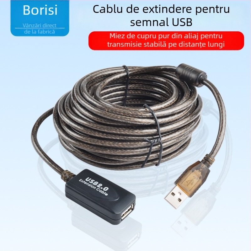 Cablu USB 2.0 de extensie cu amplificator de semnal, conectori A/F bărbat–femeie, cablu împletit, 10 m