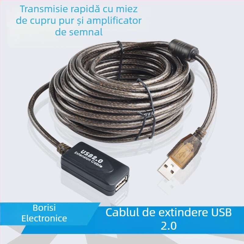 Cablu USB 2.0 de extensie cu amplificator de semnal, conectori A/F bărbat–femeie, cablu împletit, 10 m