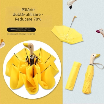 Umbrelă automată pliabilă tri-fold, mâner din lemn, cadru cu 8 brațe, motiv cu rață desen animat, logo imprimat