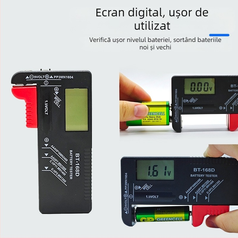 Powerlion tester portabil LCD cu afișaj, compatibil cu baterii tip buton No.5/No.7, tester baterii 9V, instrument de măsurare multifuncțional