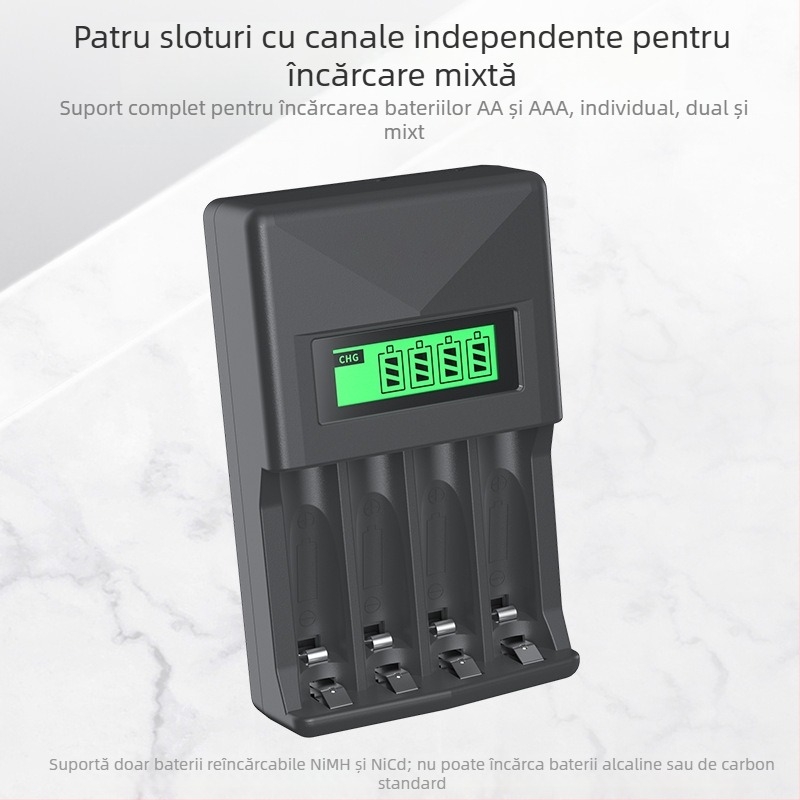 Încărcător Ni-MH pentru baterii, 4 sloturi, afișaj LCD, încărcare rapidă inteligentă, pentru baterii AA/AAA, intrare 5V 2A, ieșire 1.2V 1800mA