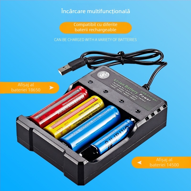 Încărcător BMAX pentru 18650, 4 sloturi, intrare 5V 1-2A, ieșire 4.2V 1000mA, CE/FCC certificat