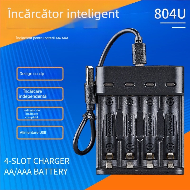 Încărcător USB cu 4 sloturi pentru baterii Ni-MH AA/AAA, canale de încărcare independente, certificat CE, intrare 5V DC, ieșire 1.2V DC pe celulă
