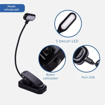 Lampă LED clip-on pentru birou, reglabilă pentru citit, alimentare USB, CRI ≥ 95, comutator cu buton, tensiune ≤ 36V