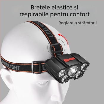 Frontala de cap reîncărcabilă cu baterie încorporată 18650 (1200 mAh), încărcare USB, sursă de lumină COB, 5 LED, corp ABS, rază până la 50 m