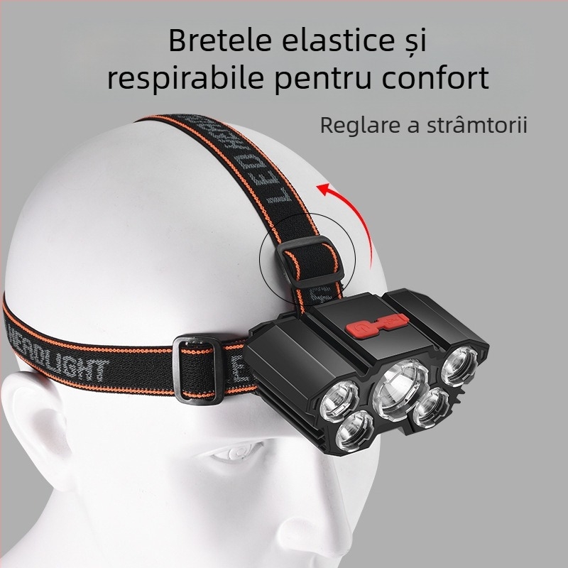 Frontala de cap reîncărcabilă cu baterie încorporată 18650 (1200 mAh), încărcare USB, sursă de lumină COB, 5 LED, corp ABS, rază până la 50 m