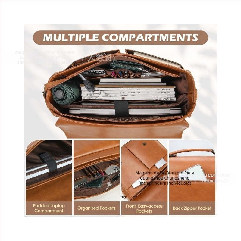 Geantă mesager pentru laptop din piele sintetică pentru bărbați – stil vintage casual, afaceri, multifuncțională, capacitate mare, căptușeală PU, model uni, primăvara 2024