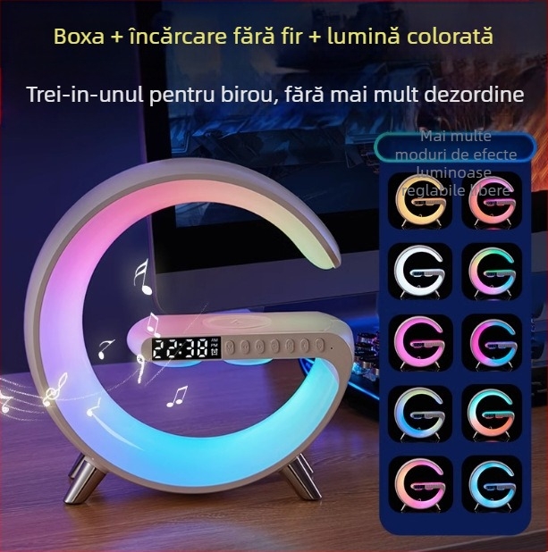 Difuzor Bluetooth AI cu încărcare wireless, lampă ambientală, ceas de alarmă și lampă de birou (Bluetooth 5.3; încărcare wireless; baterie încorporată; ceas de alarmă)