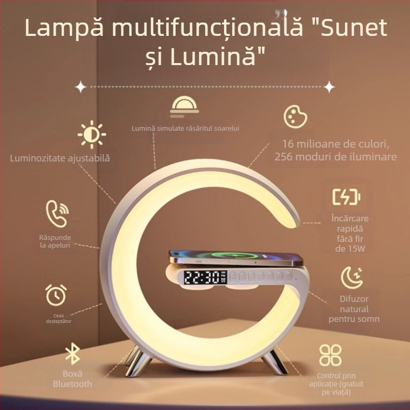 Difuzor Bluetooth AI cu încărcare wireless, lampă ambientală, ceas de alarmă și lampă de birou (Bluetooth 5.3; încărcare wireless; baterie încorporată; ceas de alarmă)