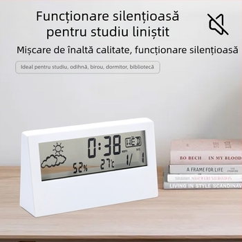 Ceas de alarmă cu design dublu, afișaj LED numeric, termometru, prognoză meteo și calendar perpetuu