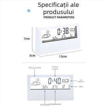 Ceas de alarmă cu design dublu, afișaj LED numeric, termometru, prognoză meteo și calendar perpetuu