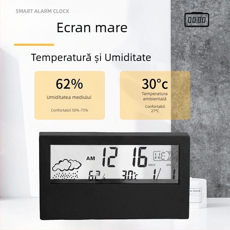 Ceas de alarmă cu design dublu, afișaj LED numeric, termometru, prognoză meteo și calendar perpetuu