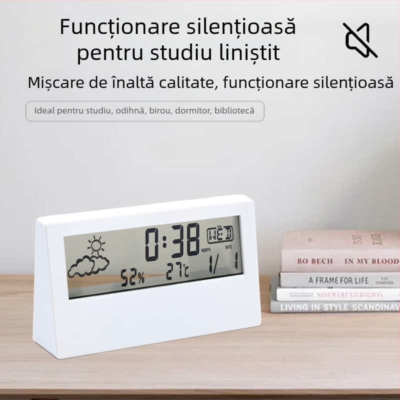 Ceas de alarmă cu design dublu, afișaj LED numeric, termometru, prognoză meteo și calendar perpetuu
