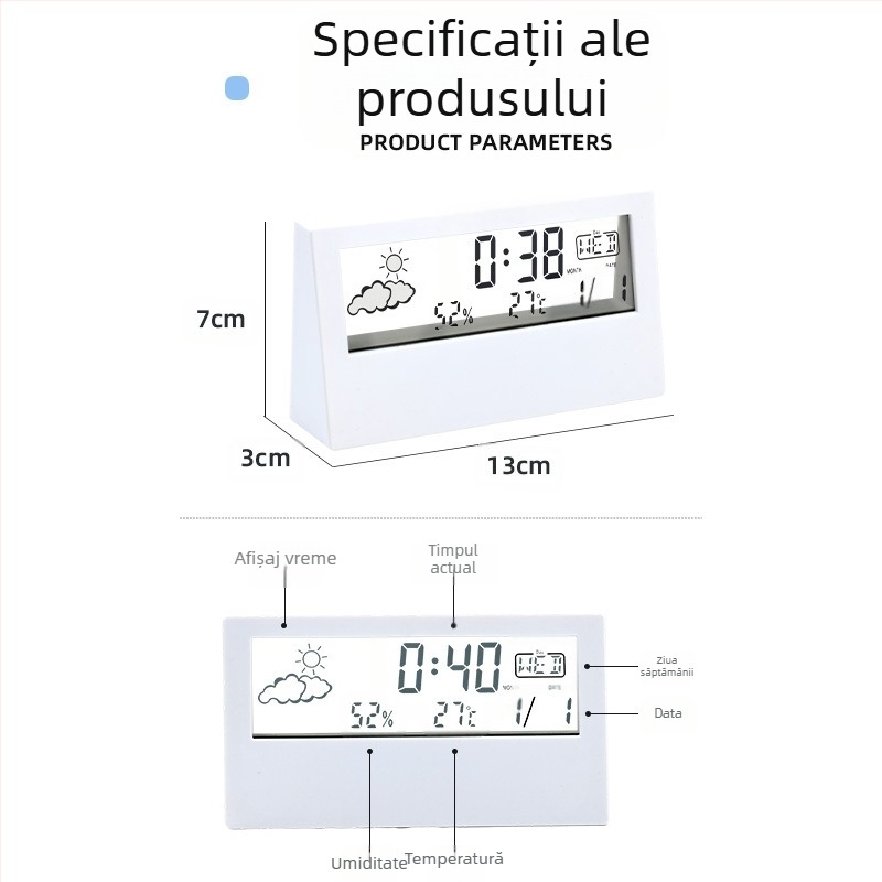 Ceas de alarmă cu design dublu, afișaj LED numeric, termometru, prognoză meteo și calendar perpetuu