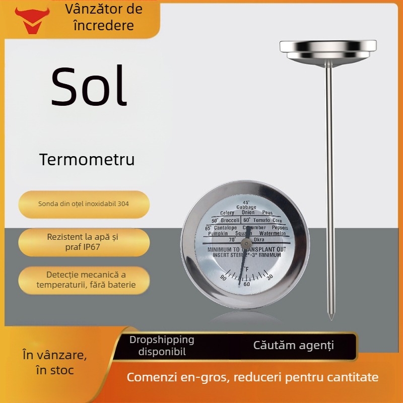 Termometru de sol din oțel inoxidabil pentru grădină, impermeabil, fără baterie, 0–30°C, rezoluție 2.5°C, Kaitai KT