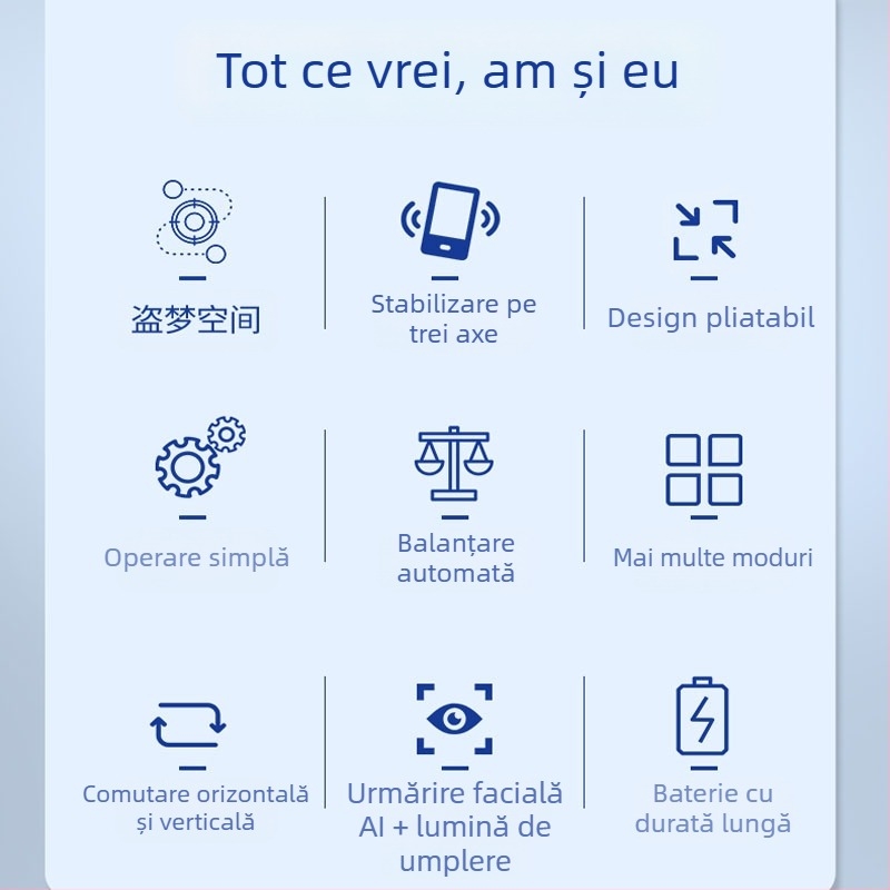 Gimbal cu trei axe, urmărire AI a feței, iluminare pentru filmare, suport pentru selfie, Bluetooth pentru VLOG