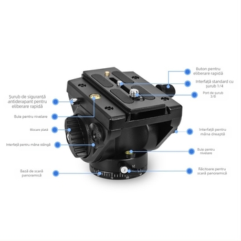 Trepied DSLR cu gimbal hidraulic Q90 pentru fotografia de păsări și teleobiective, mâner pentru cameră 3/8-1/4 montaj • aliaj de aluminiu • rotație orizontală 360° • rotație verticală 90° • greutate 0,99 kg