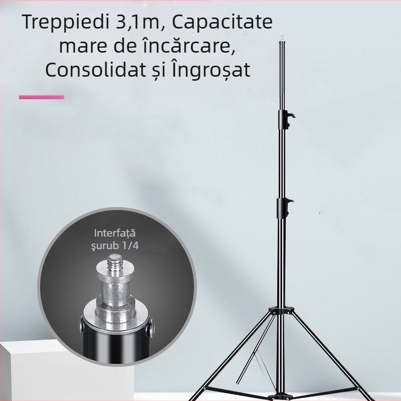 Stativă de lampă foto cu suport pentru telefon, materiale: aliaj de aluminiu + fier + plastic; încărcare 10 kg; 3 segmente; diametrul țevii 24/27/31 mm; greutate 1,5 kg