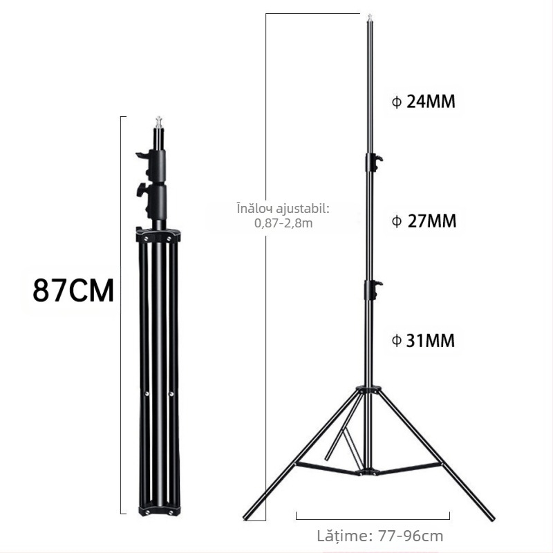 Stativă de lampă foto cu suport pentru telefon, materiale: aliaj de aluminiu + fier + plastic; încărcare 10 kg; 3 segmente; diametrul țevii 24/27/31 mm; greutate 1,5 kg