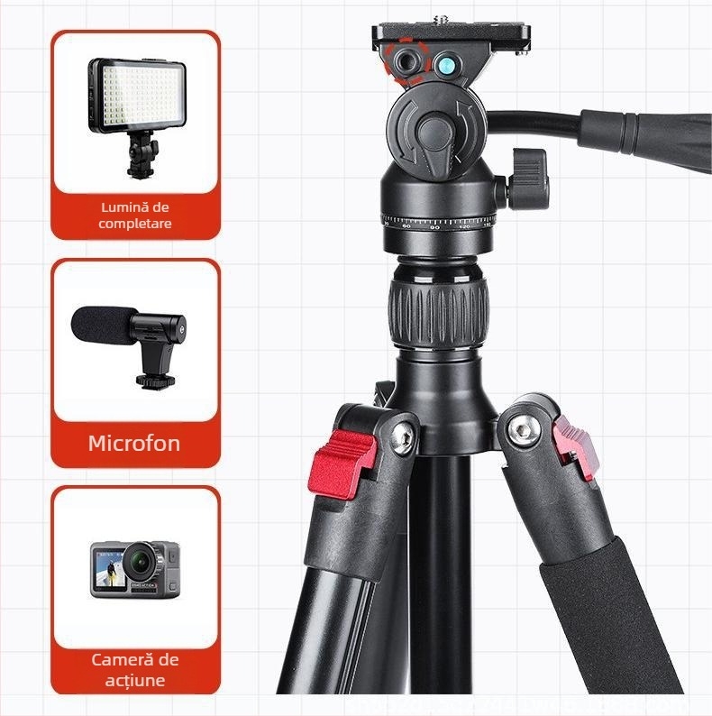 Cap de gimball hidraulic panoramic pe trepied metalic și monopod cu mâner; pentru DV, mini-vlog și telefon mobil; 3 secțiuni; încărcare 6–10 kg