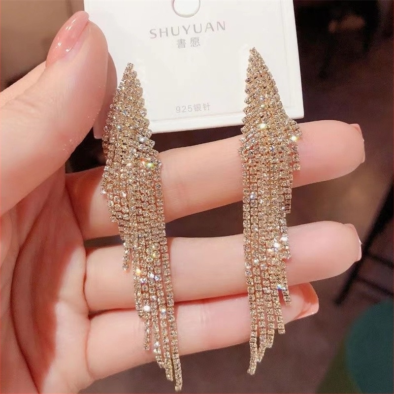 Cercei pentru femei – Design geometric, pietre strass, ciucuri lungi în formă de aripă, stil vintage | Liudengqi