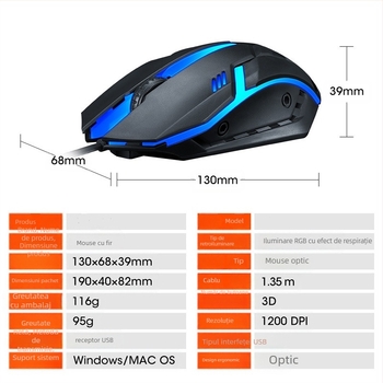 Mouse optic USB cablat, iluminat, 1600 DPI, 3 butoane, model H15