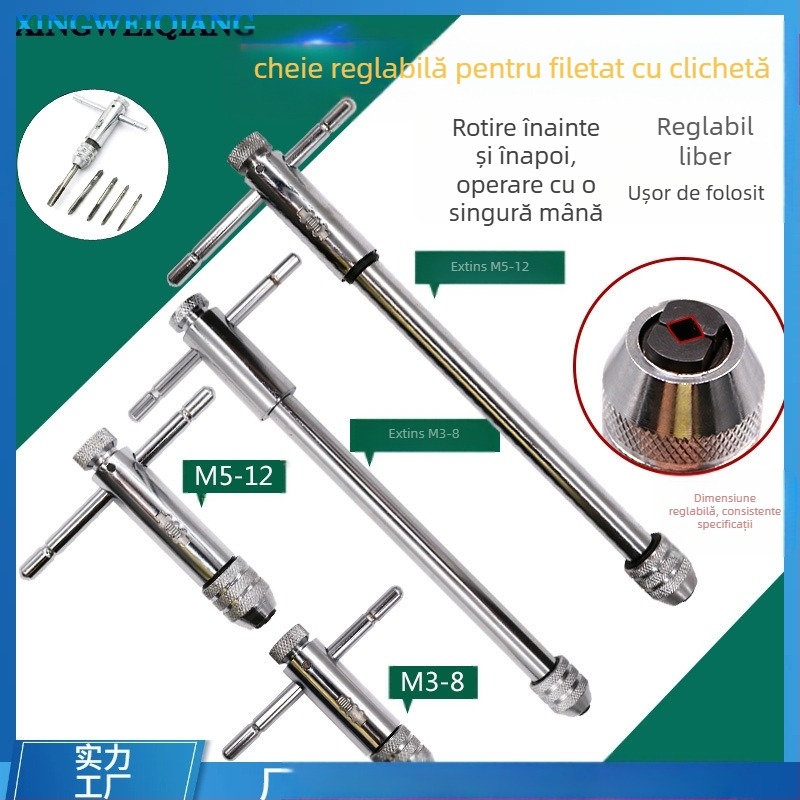 Cheie reglabilă cu racord pentru filetare M3–M8 și M5–M12, avans/înapoi, greutate 0.8 kg