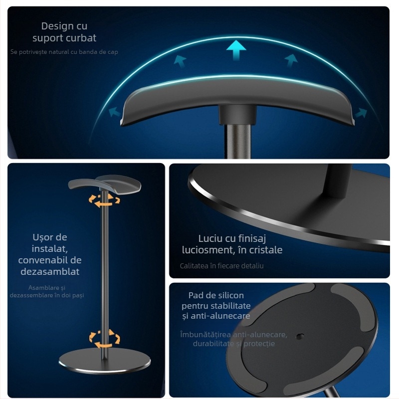 Suport pentru căști pe birou M9, aliaj de aluminiu + silicon, 165 g, depozitare