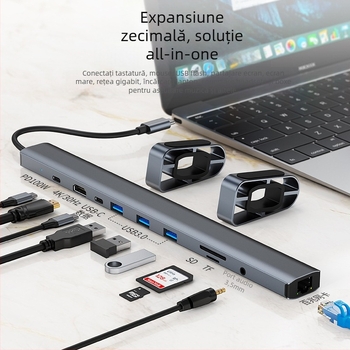 Hub Type-C 10 în 1 pentru laptop, USB-C, 5Gbps, model 2212, fără alimentare externă