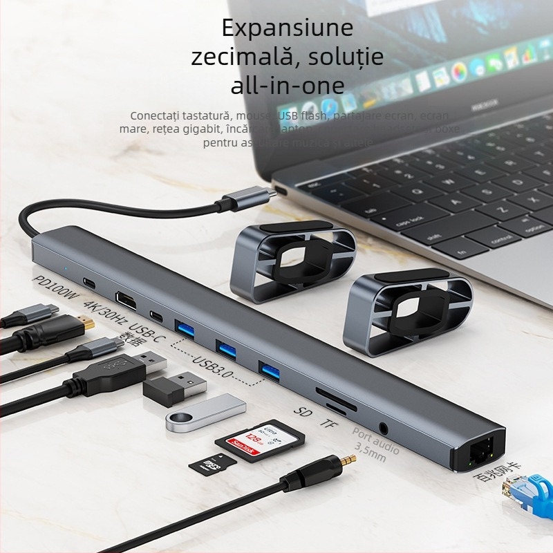 Hub Type-C 10 în 1 pentru laptop, USB-C, 5Gbps, model 2212, fără alimentare externă