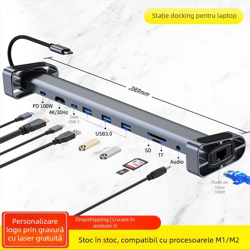 Hub Type-C 10 în 1 pentru laptop, USB-C, 5Gbps, model 2212, fără alimentare externă