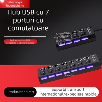 Hub USB 2.0 cu 7 porturi, întrerupător, alimentat prin USB, 480 Mbps