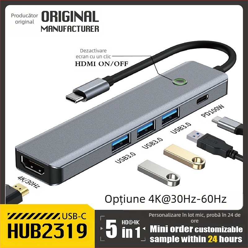 Stație de docking Type-C cu hub USB, Model 2319, 5.0Gbps, Fără alimentare externă