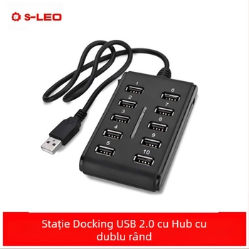 Stație docking USB 2.0, 10 porturi, două rânduri, cu comutator, alimentare externă