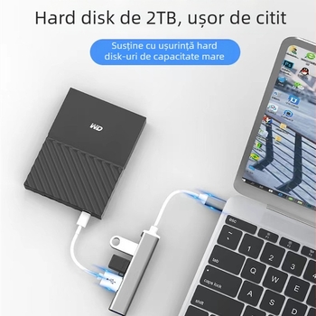 Hub USB-C cu 4 porturi USB 3.0, stație de docking pentru laptop, carcasă din aluminiu, fără sursă externă