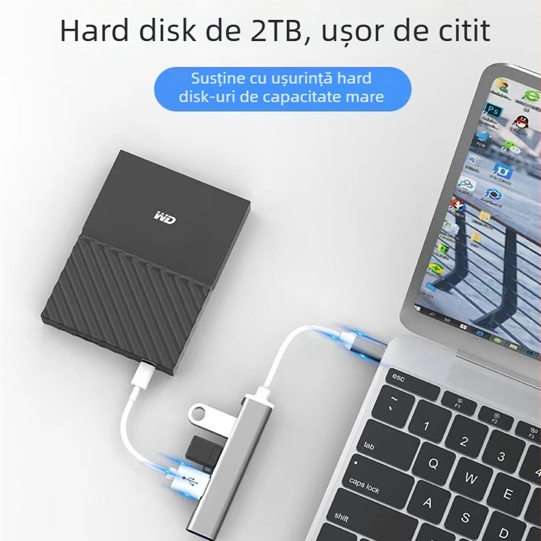 Hub USB-C cu 4 porturi USB 3.0, stație de docking pentru laptop, carcasă din aluminiu, fără sursă externă