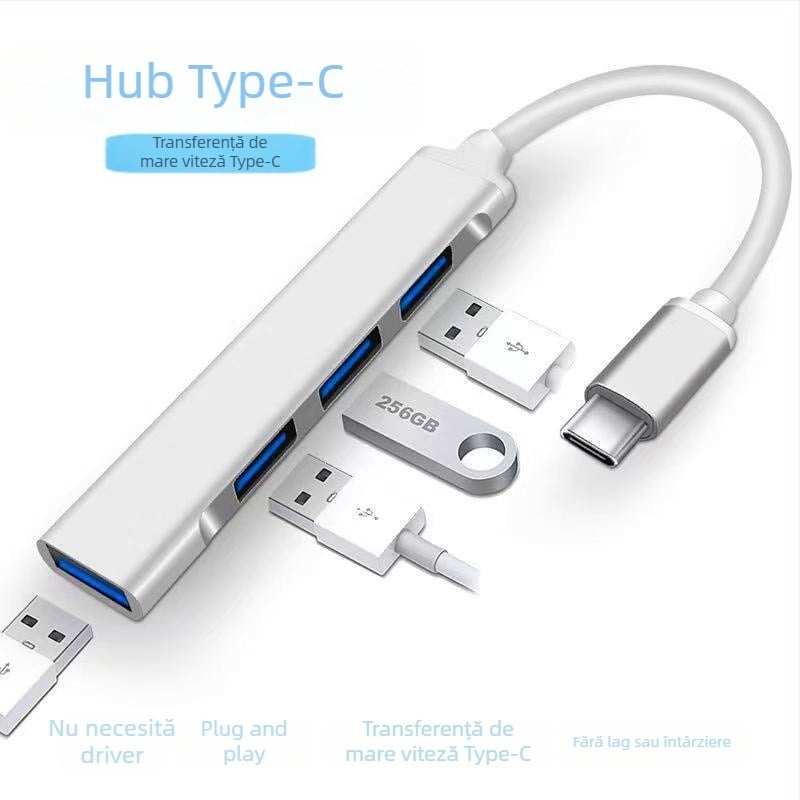 Hub USB-C cu 4 porturi USB 3.0, stație de docking pentru laptop, carcasă din aluminiu, fără sursă externă