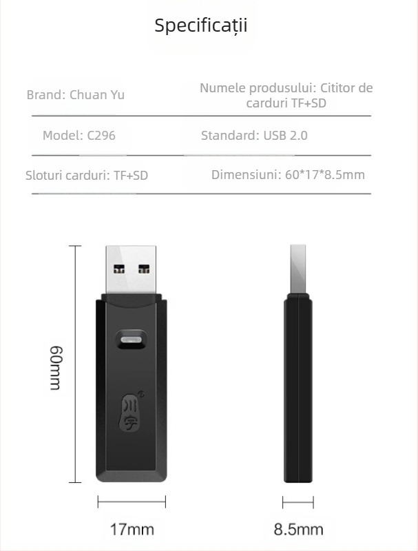 Chuanyu C296 Cititor de carduri USB 2.0, sloturi duale SD/TF, cititor 2 în 1 SD/TF