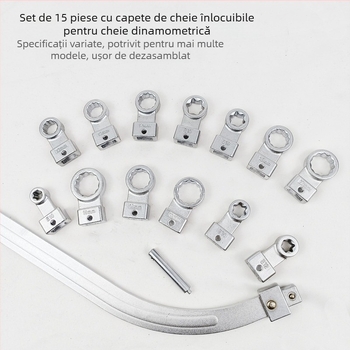 Cheie de curea, set de 15 piese cu capete interschimbabile, finisaj cromat, oțel crom-vanadiu, Greutate 1.7